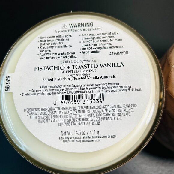 (2) Bath & Body Works PISTACHIO & TOASTED VANILLA 3 Wick Candles NEW - Picture 5 of 5